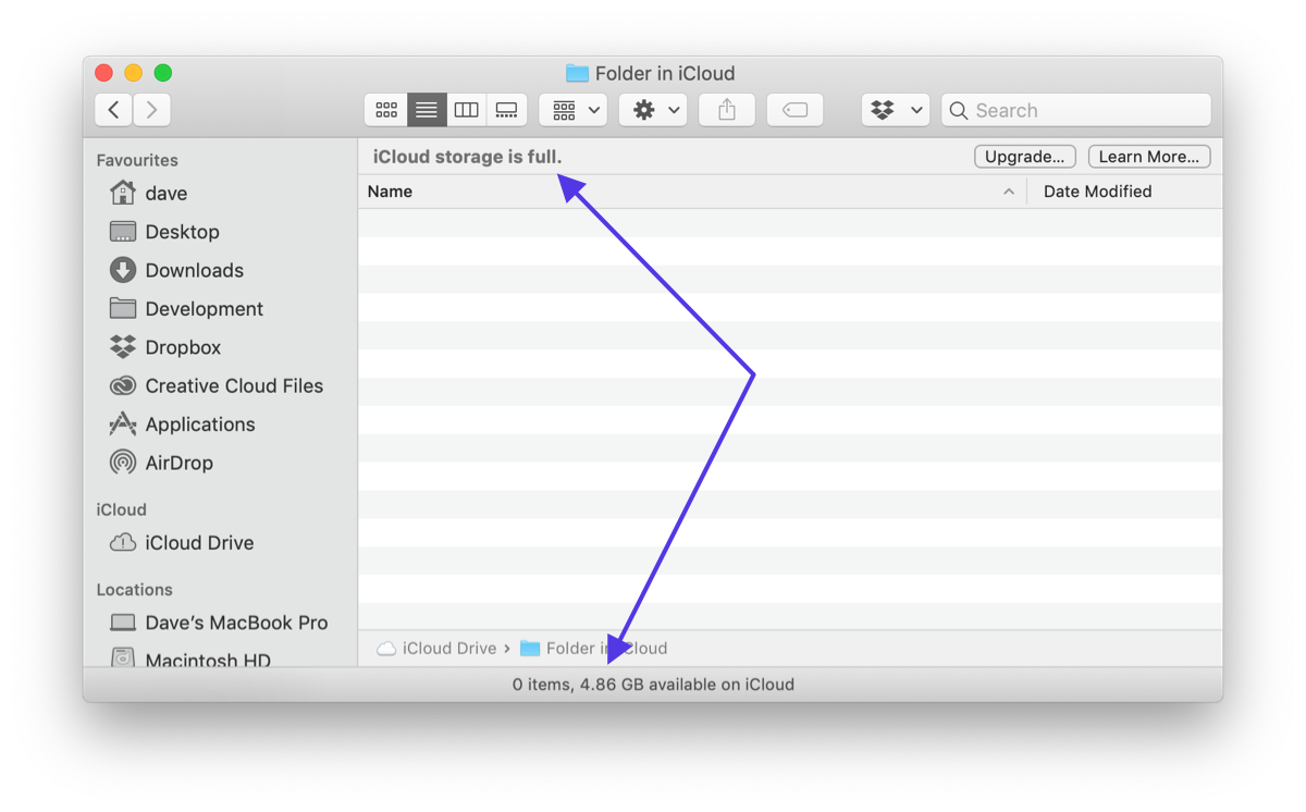 iCloud Drive in Finder showing both a full error and also 4.86Gb available